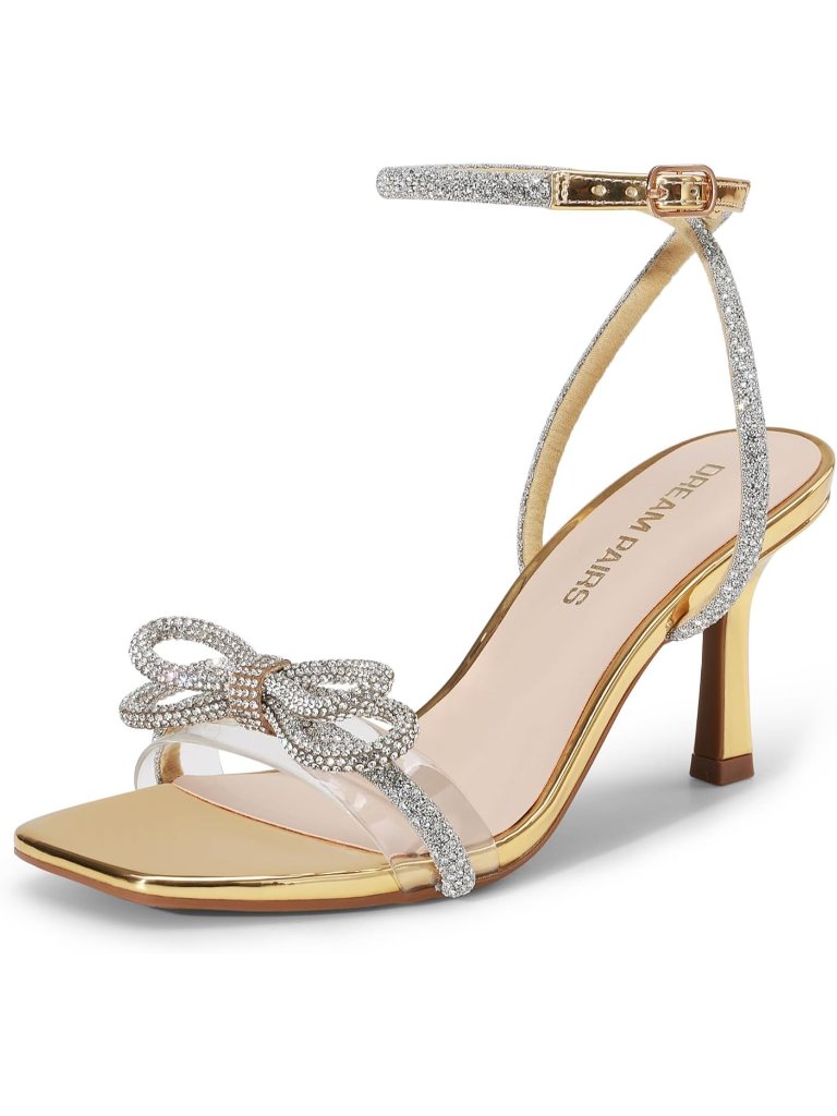 Dream Pairs Women's Gold Double Bowknots Heel Open Square Toe Ankle Strap Shoes